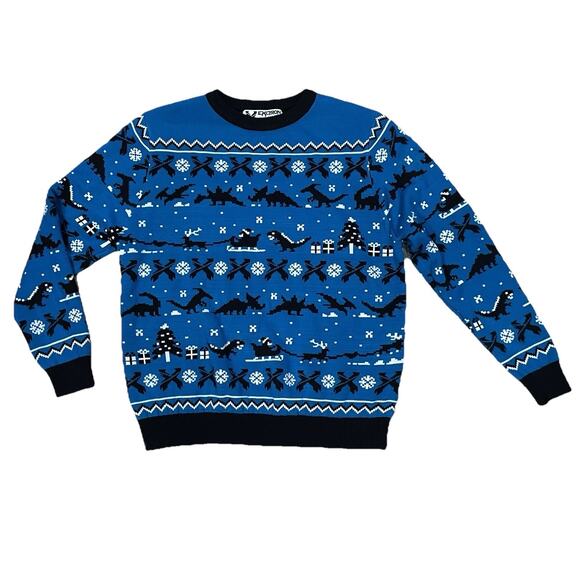 Excision Christmas Sweater Blue Pixelated Pattern Dinosaurs Men’s Size Large EUC - Picture 3 of 10